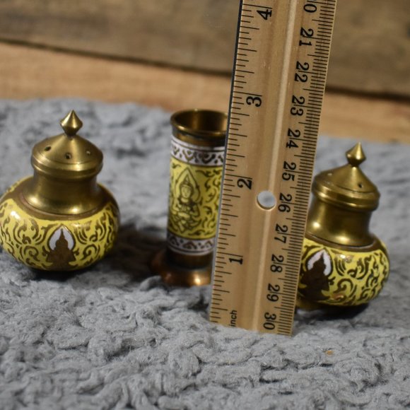 Vintage Brass Krishna Salt and Pepper Shaker with Toothpick Holder Set - Picture 13 of 15